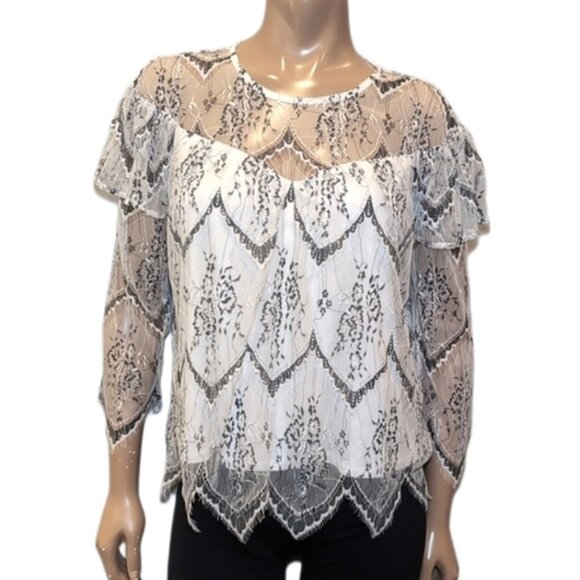 HIGHLINE COLLECTIVE Gothic Lace Blouse Sheer Illusion Tiered Ruffled Vamp Mesh - Picture 1 of 14